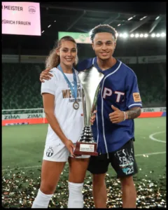 Alayah Pilgrim with her partner Elijah Okafor Footballer